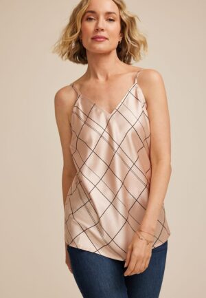 Blush Satin Windowpane V Neck Cami