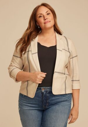 Plus Size Windowpane Plaid Versa Open Front Cropped Blazer