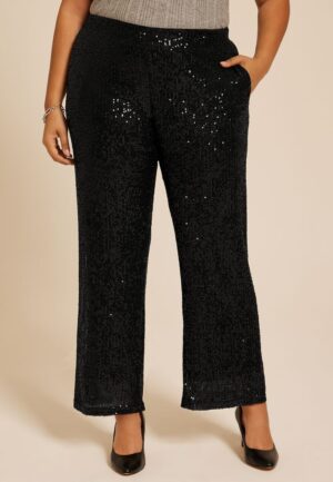 Plus Size Studio Y Sequin High Rise Wide Leg Pant