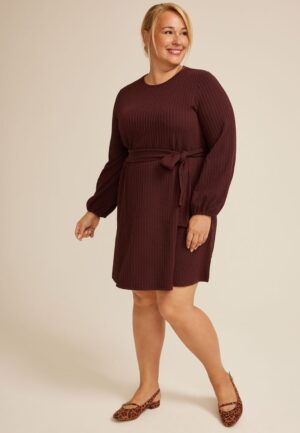 Plus Size Jacquard Bubble Sleeve Belted Mini Dress