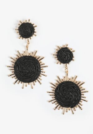 Gold And Black Raffia Sunburst Drop Earrings