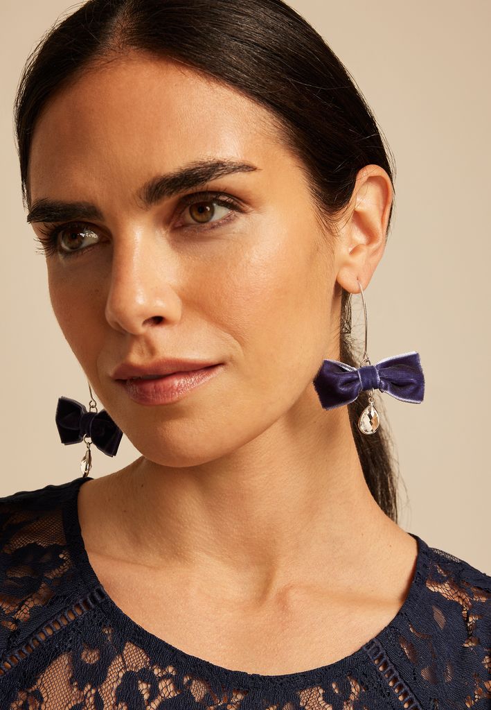 Navy Velvet Bow Earrings - Image 2