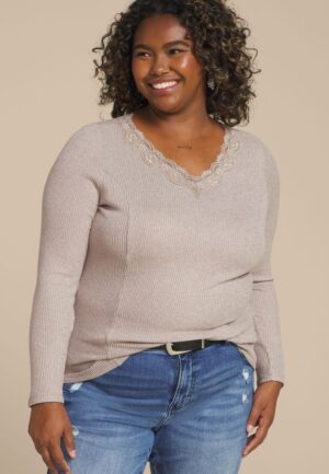Plus Size Cozy Lace Trim V Neck Top