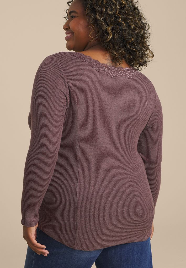 Plus Size Cozy Lace Trim V Neck Top - Image 2
