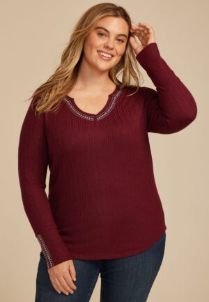 Plus Size Embroidered Notch Neck Ribbed Long Sleeve Tee