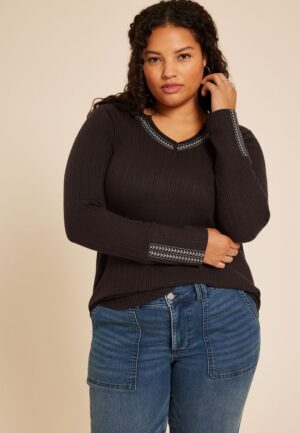 Plus Size Embroidered Notch Neck Ribbed Long Sleeve Tee