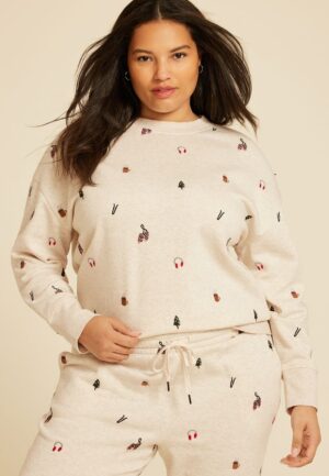 Plus Size Holiday Embroidered Relaxed Fit Sweatshirt