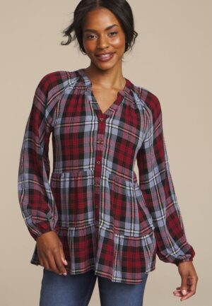 Plaid Tiered Button Front Blouse