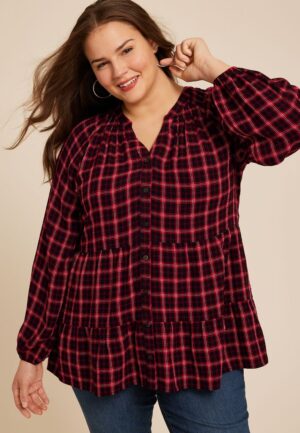 Plus Size Plaid Tiered Button Front Blouse