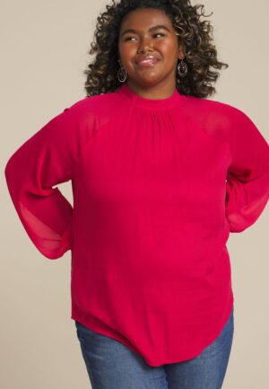 Plus Size Mock Neck Long Sheer Sleeve Blouse