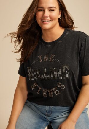 Plus Size The Rock Rolling Stones Rhinestone Oversized Fit Graphic Tee