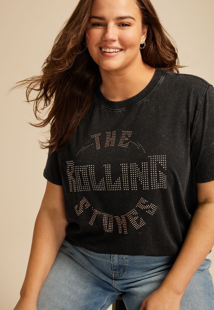 Plus Size The Rock Rolling Stones Rhinestone Oversized Fit Graphic Tee