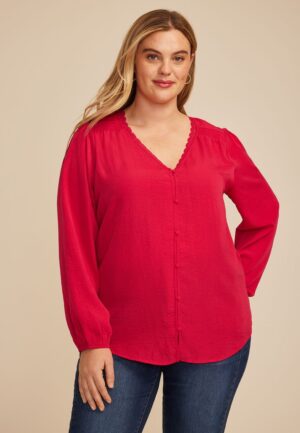 Plus Size V Neck Lace Button Front Blouse