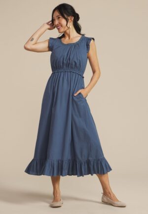 Ruffle Trim Scoop Neck Midi Dress