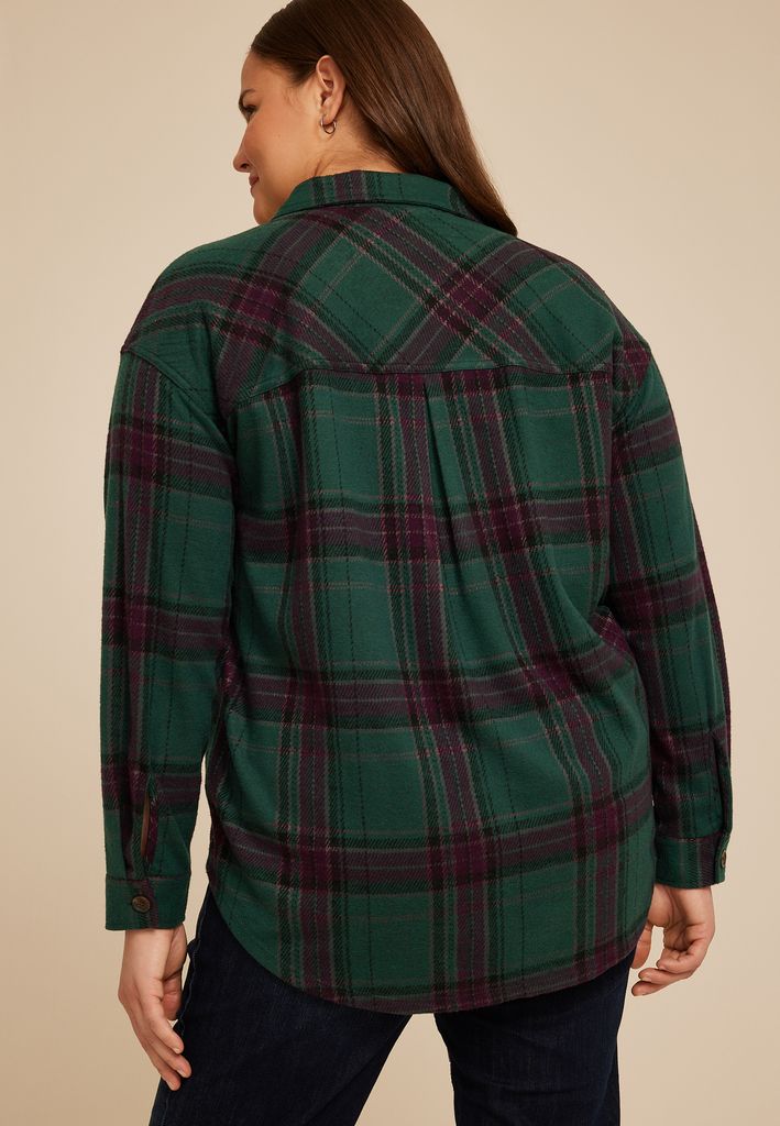 Plus Size Plush Knit Plaid Boyfriend Button Down Shirt - Image 2