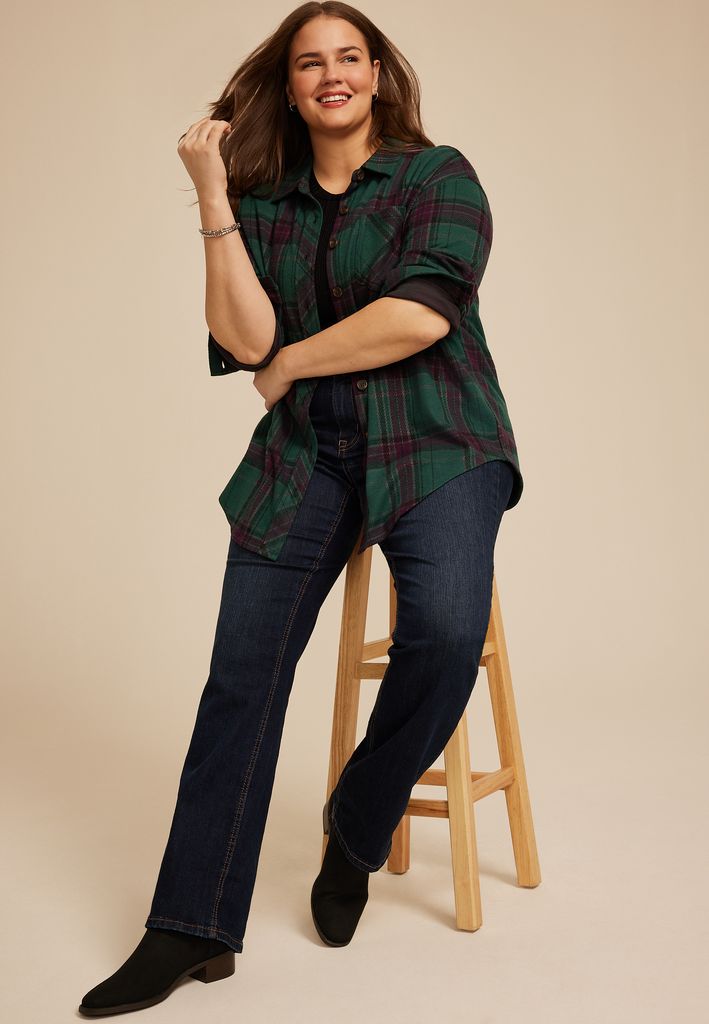 Plus Size Plush Knit Plaid Boyfriend Button Down Shirt - Image 3