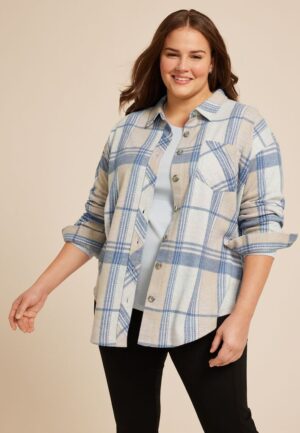 Plus Size Plush Knit Blue Plaid Boyfriend Button Down Shirt