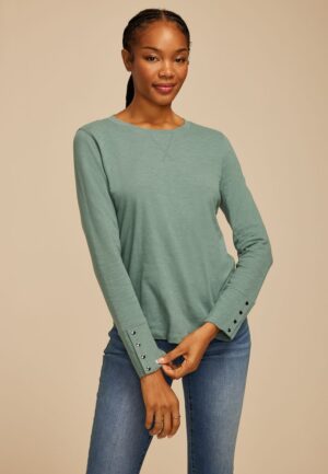 Solid Long Sleeve Snap Button Cuff Top