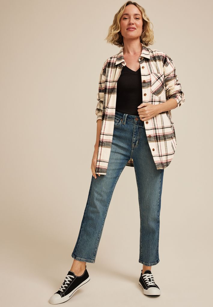 Cabin Plaid Boyfriend Tunic Button Down Shirt