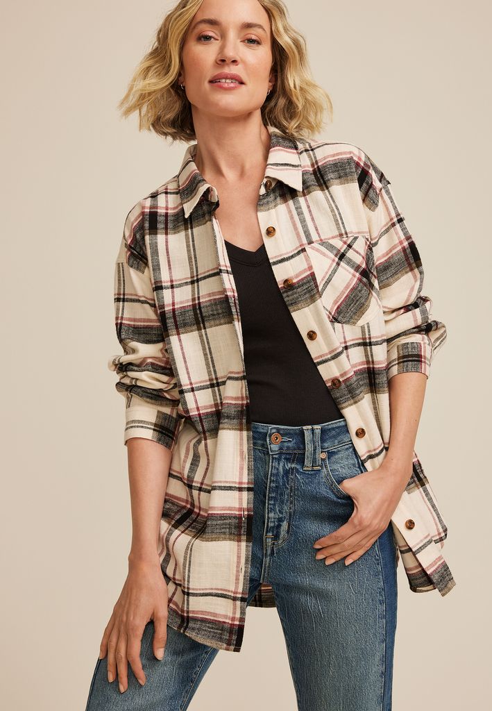 Cabin Plaid Boyfriend Tunic Button Down Shirt - Image 3