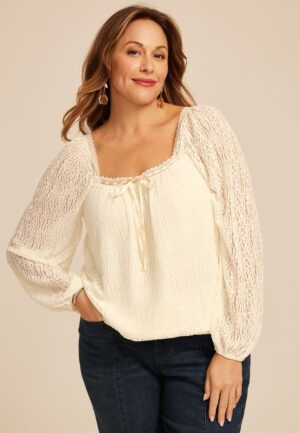 Plus Size Satin Trim Lace Bubble Hem Blouse