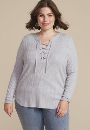Plus Size Heathered Variegated Lace Up Top