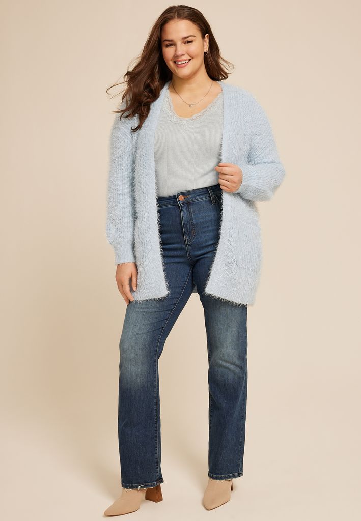 Plus Size Eyelash Open Front Long Cardigan