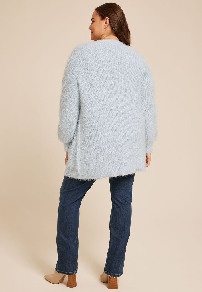 Plus Size Eyelash Open Front Long Cardigan - Image 2