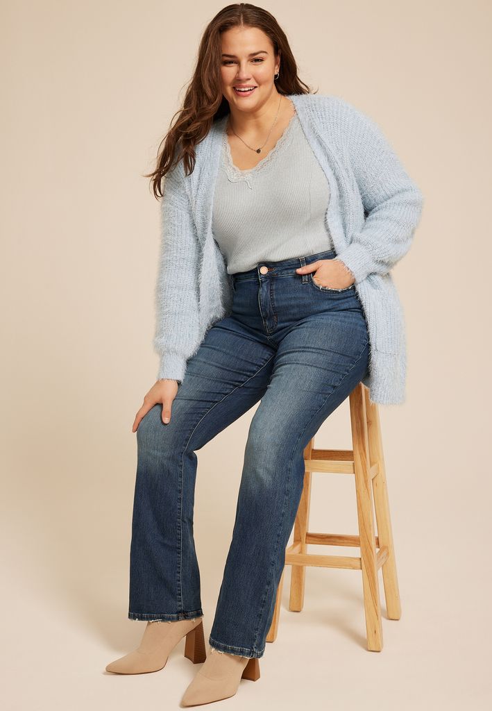 Plus Size Eyelash Open Front Long Cardigan - Image 3