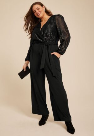 Plus Size Black Chevron Metallic Wrap Jumpsuit