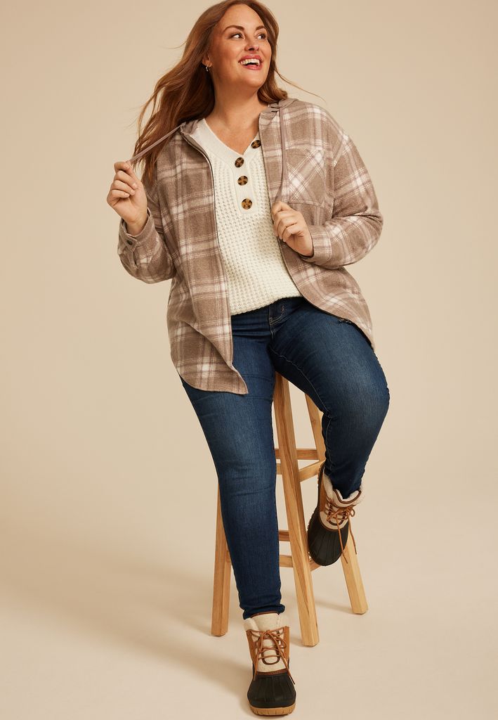 Plus Size Vintage Plaid Hooded Shacket - Image 3