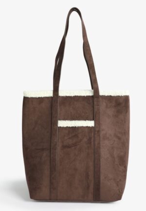 Faux Suede Sherpa Trim Tote Bag