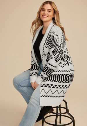 Plus Size Black and White Fair Isle Shawl Cardigan