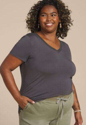 Plus Size 24/7 Mesh Trim V Neck Tee