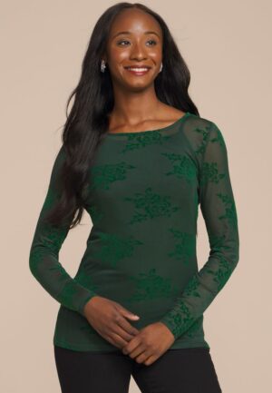 Studio Y Flocked Floral Mesh Top