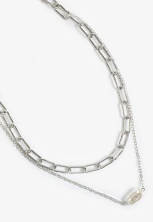 Silver Hammered Pearl Double Layered Necklace