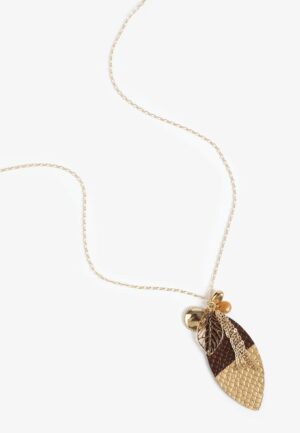 Gold And Brown Dipped Faux Leather Leaf Pendant Necklace