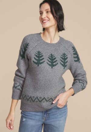 Gray Metallic Tree Fair Isle Crew Neck Sweater