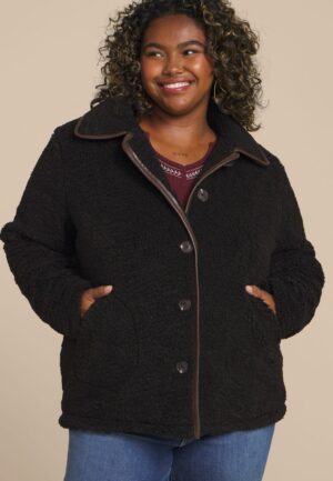 Plus Size Sherpa Faux Leather Trim Jacket