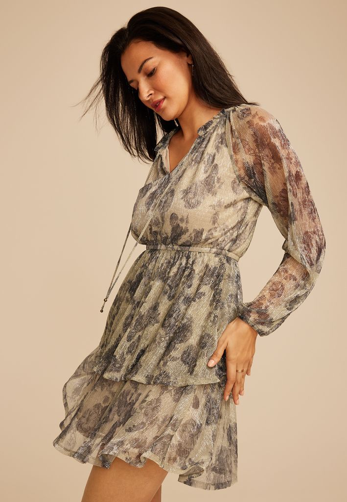 Metallic Floral Tiered Mini Dress - Image 3