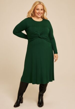 Plus Size Green Twist Front Long Sleeve Midi Dress