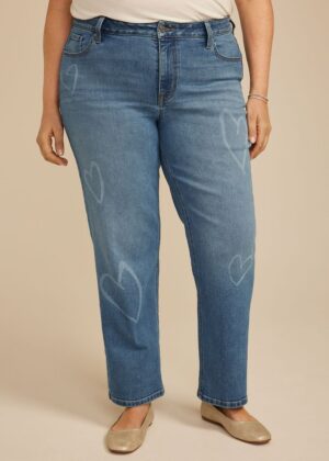 Plus Size Heart Print High Rise Relaxed Straight Leg Jean