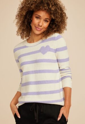 Lavender Striped Heart Crew Neck Sweater