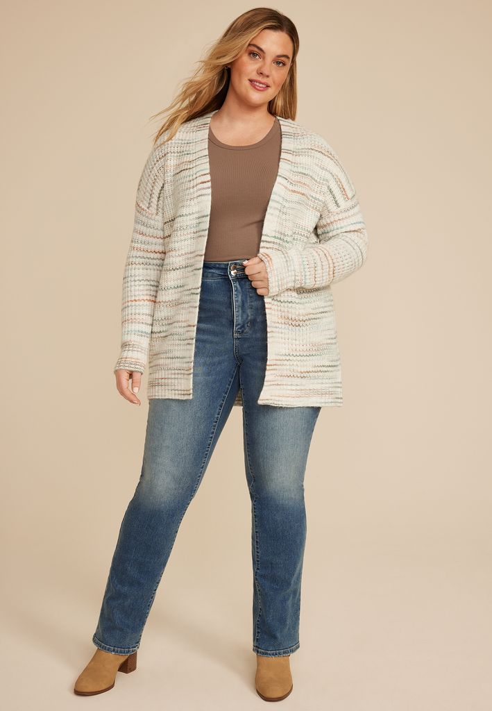 Plus Size Spacedye Striped Open Front Cardigan
