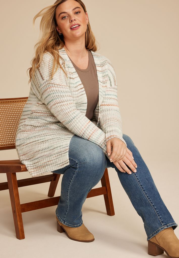 Plus Size Spacedye Striped Open Front Cardigan - Image 3