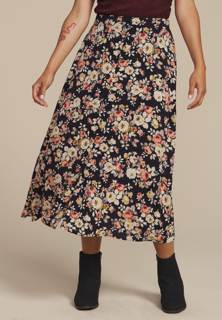 Button Front High Rise Midi Skirt