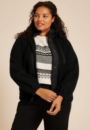 Plus Size Sherpa Snap Button Front Jacket