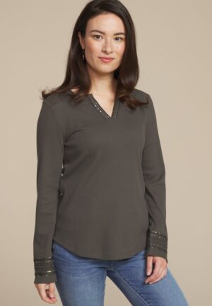 Sequin Embellished Waffle Knit Long Sleeve Tee