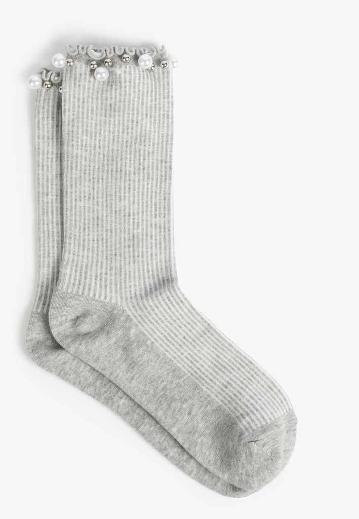 Faux Pearl Trim Embellished Crew Socks