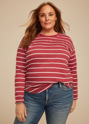 Plus Size Striped Heart Elbow Patch Long Sleeve Tee